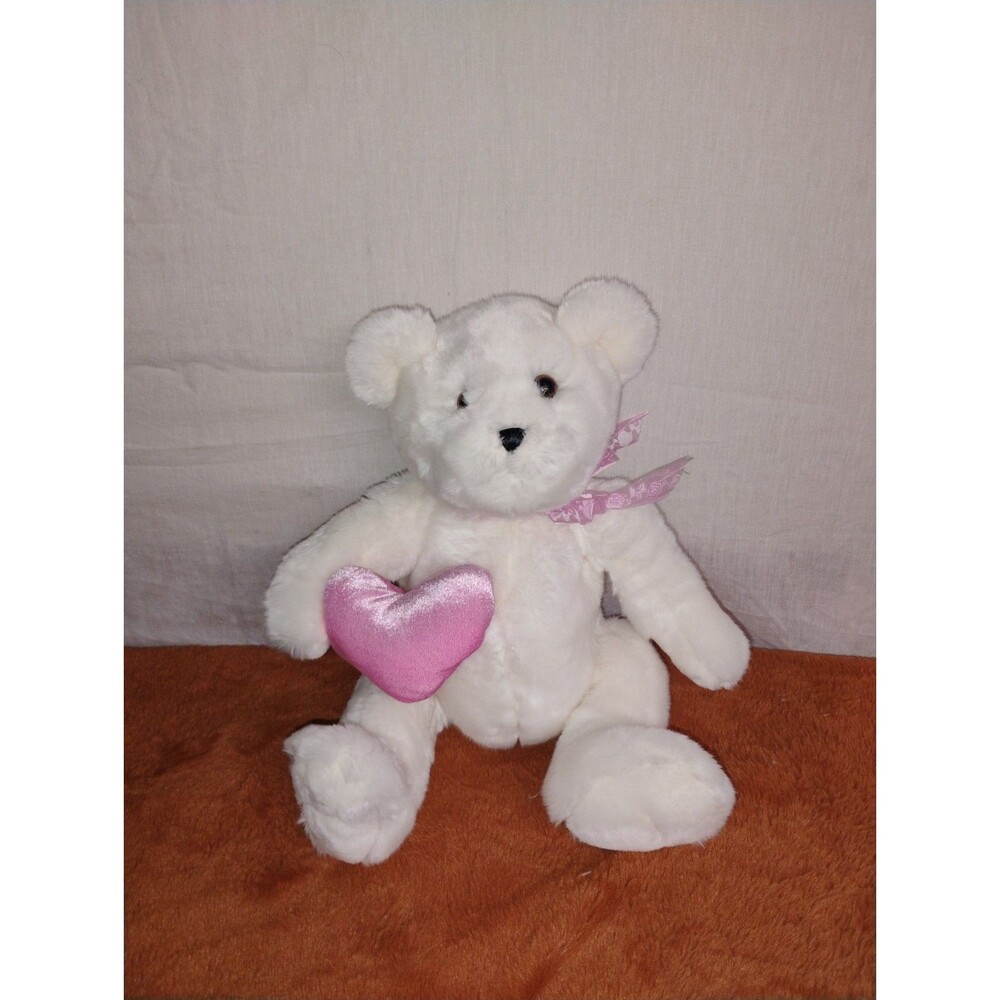 K-Mart White Stuffed Plush Teddy Bear Animal 18" Pink Heart Bow